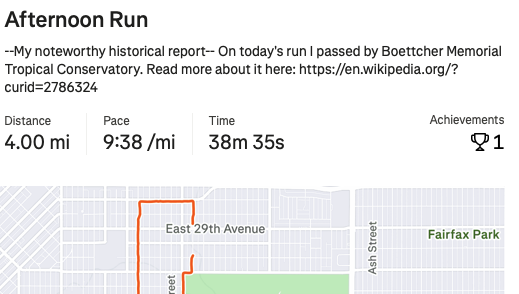 Strava activity: afternoon run with a Wikipedia link about Boettcher Memorial Tropical Conservatory in the description