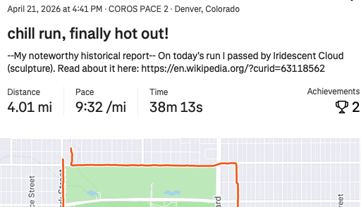 Strava activity: chill run in Denver with a Wikipedia link about Iridescent Cloud sculpture in the description